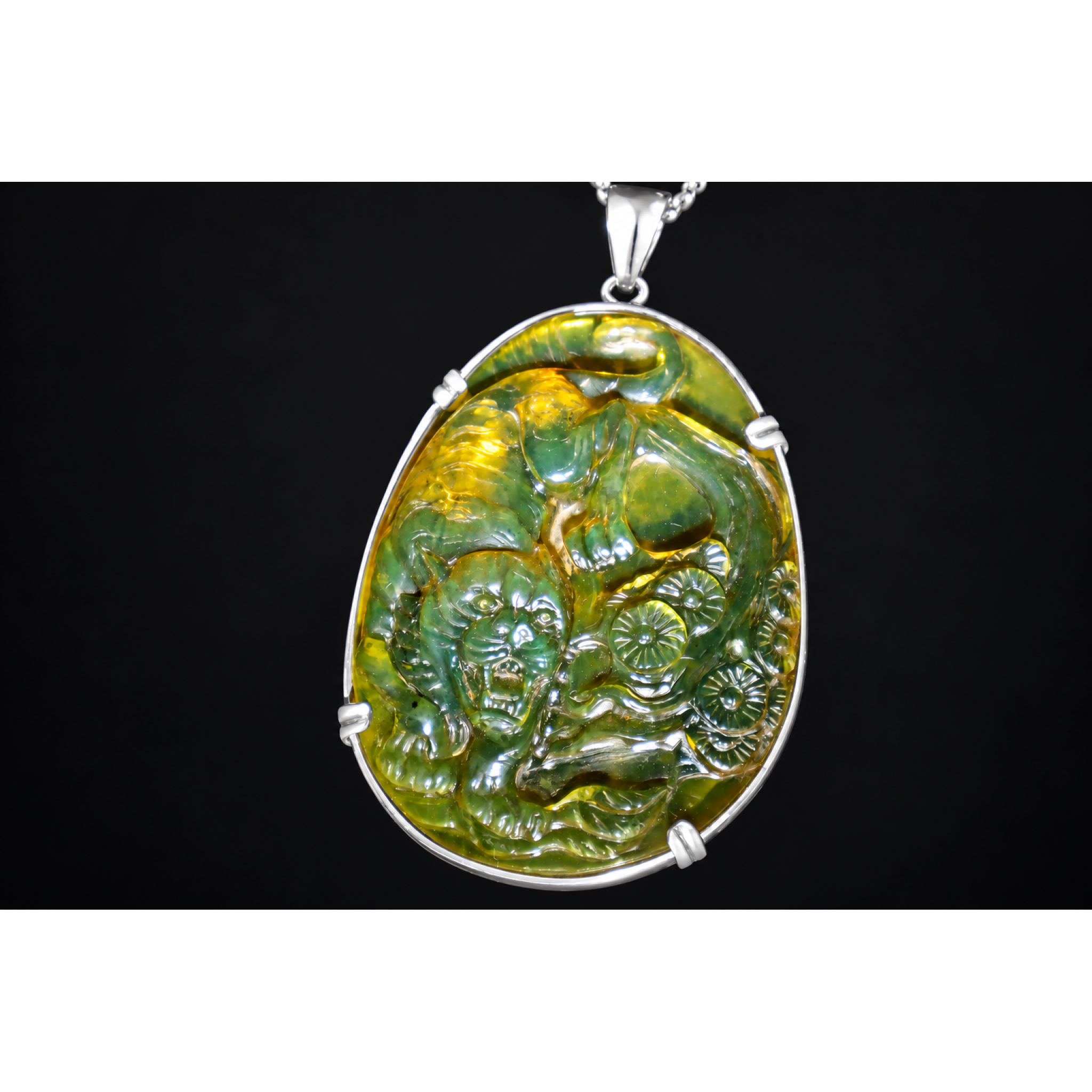 Hand Carved Tiger Dominican Green Amber Sterling Silver Pendant 64mm – photo 17