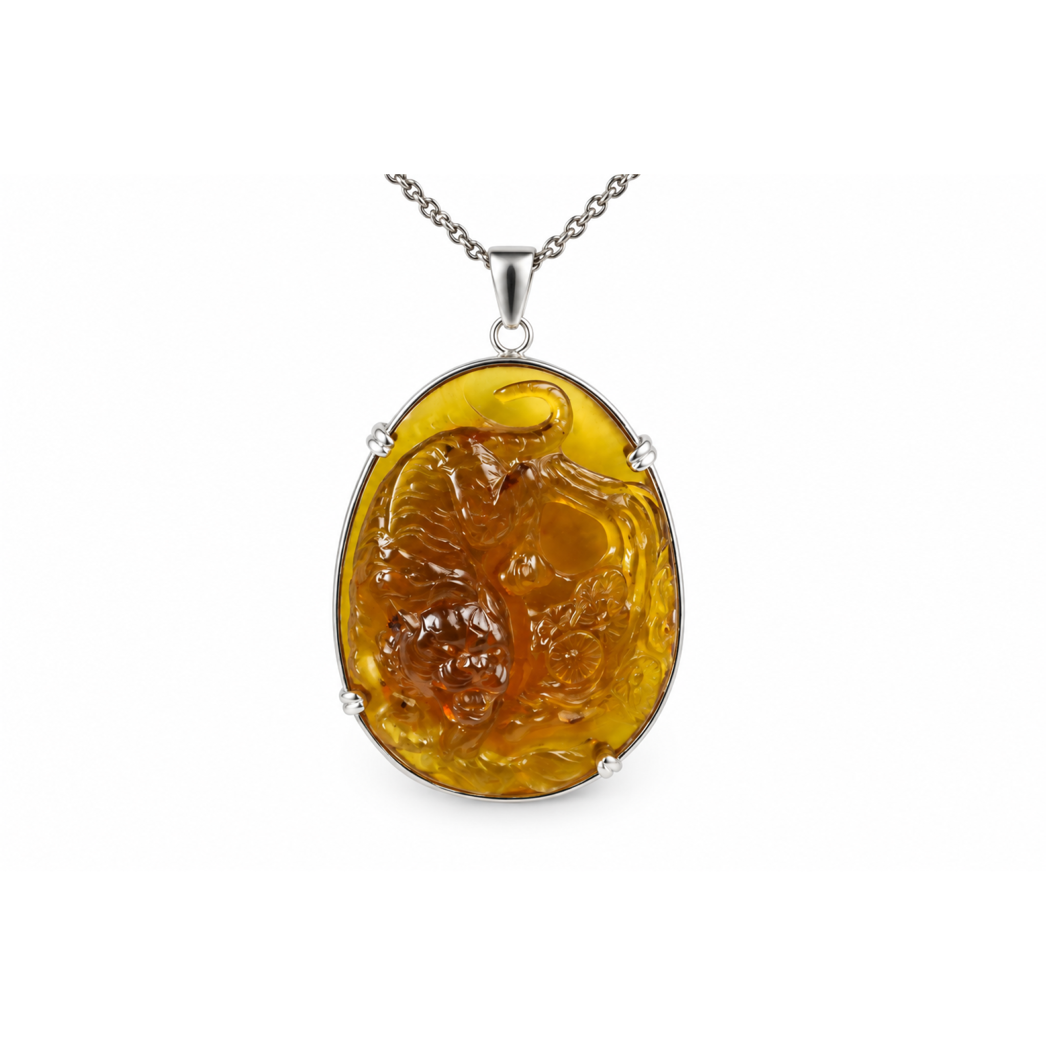 Hand Carved Tiger Dominican Green Amber Sterling Silver Pendant 64mm – photo 18