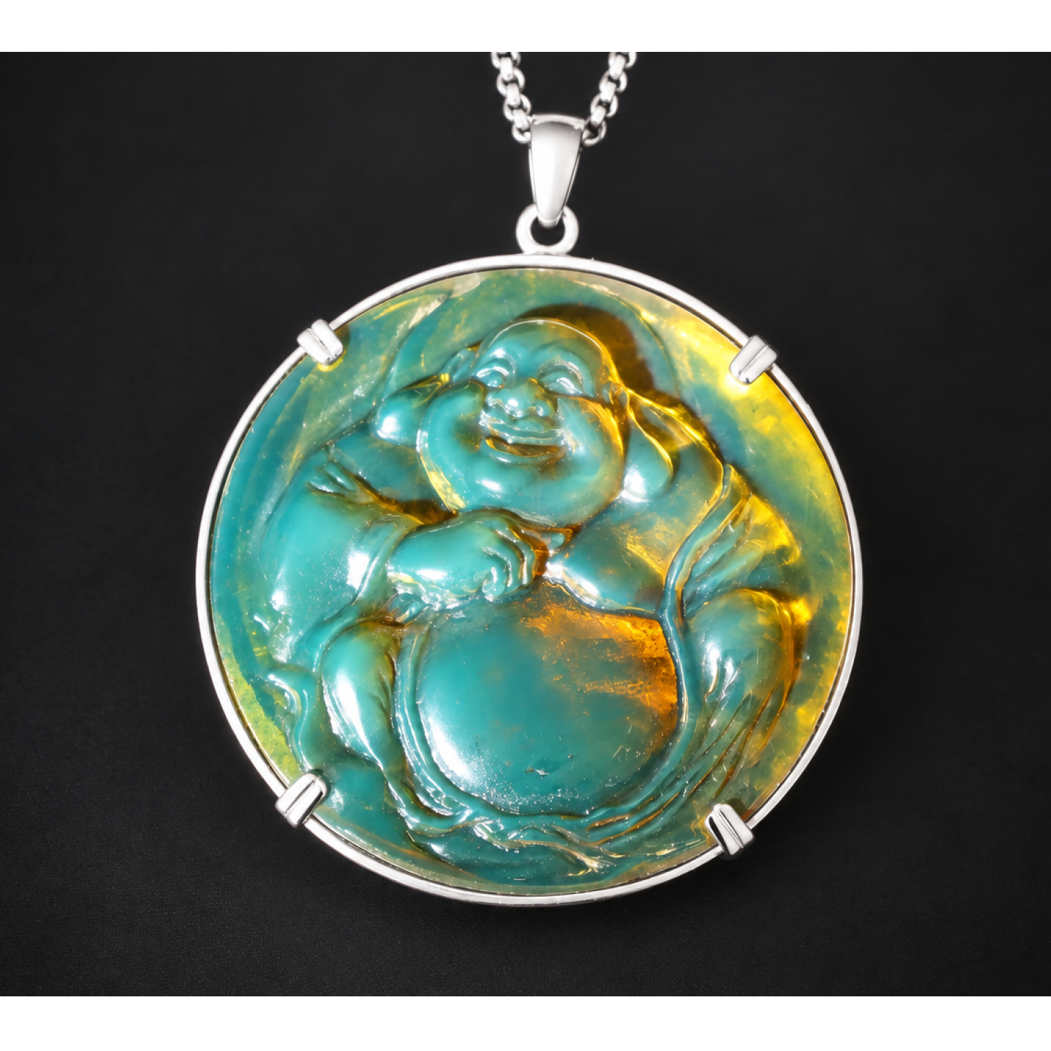 Expertly hand carved cognac green Dominican amber sterling silver pendant 63mm