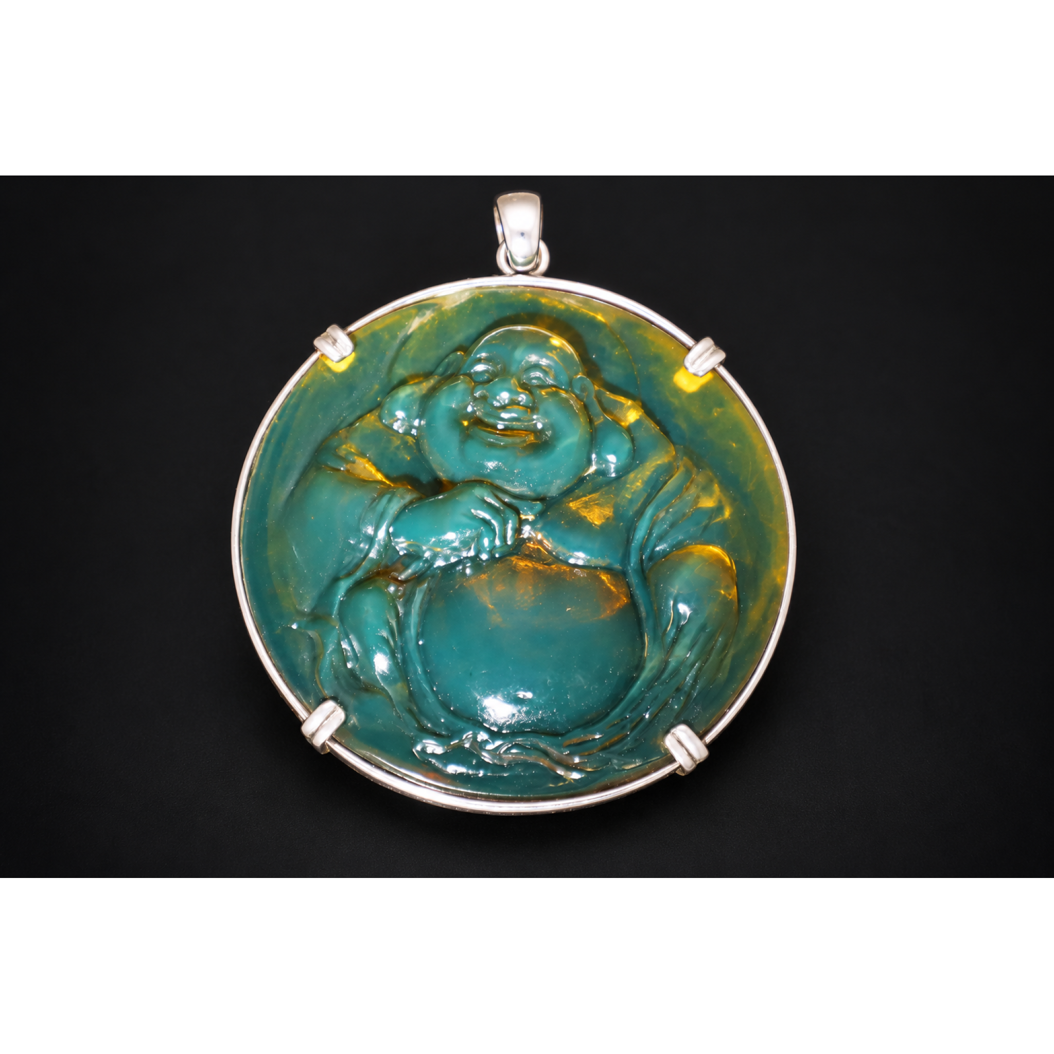 Expertly hand carved cognac green Dominican amber sterling silver pendant 63mm – photo 13
