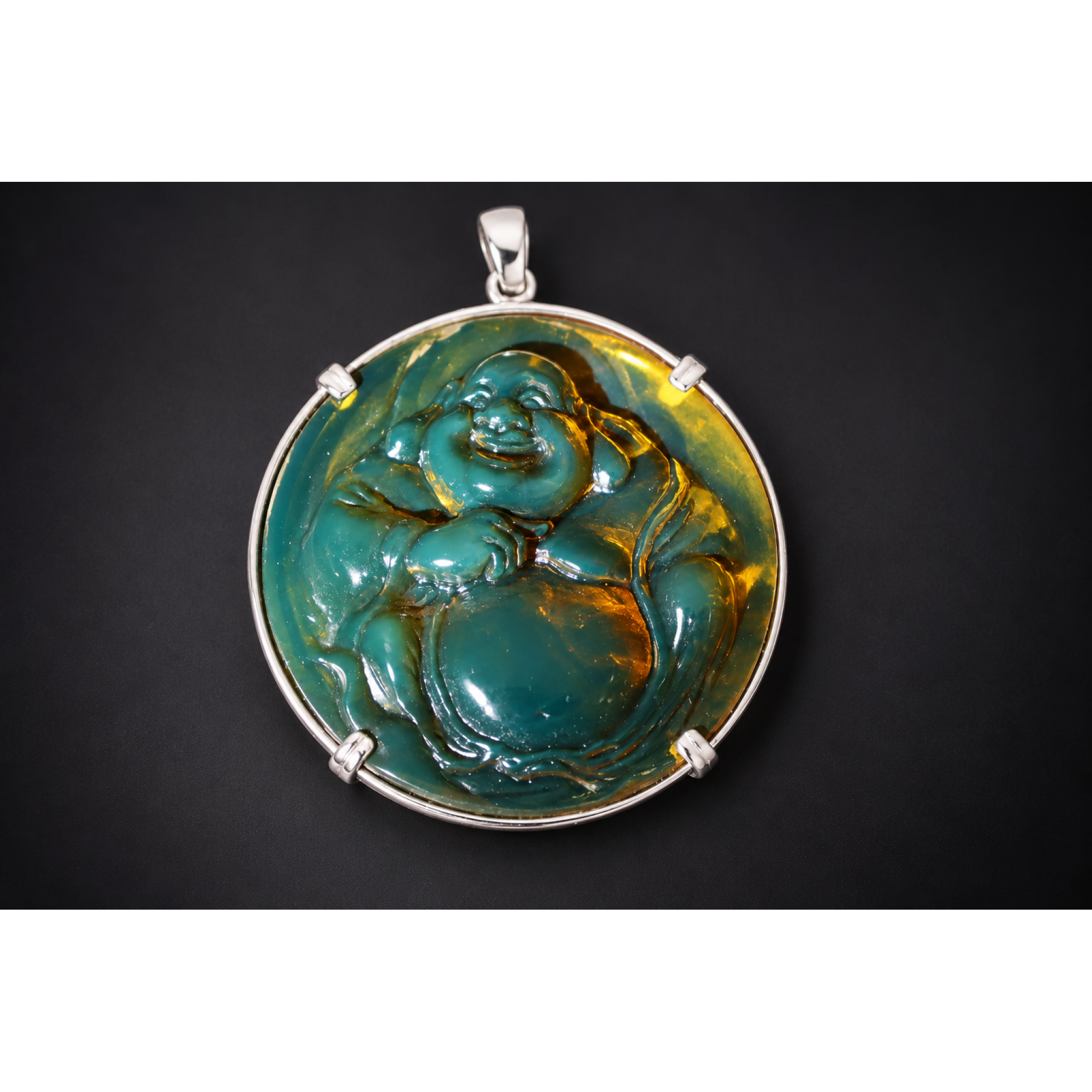 Expertly hand carved cognac green Dominican amber sterling silver pendant 63mm – photo 14