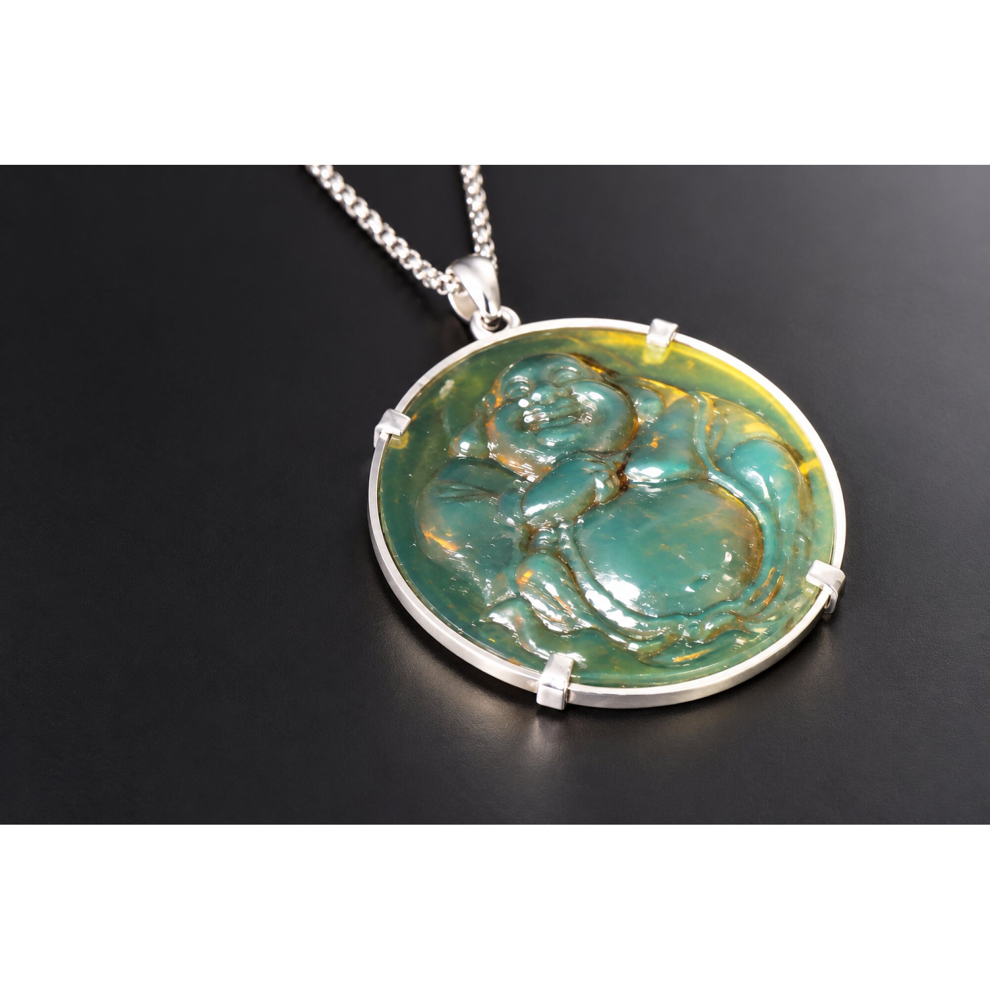 Expertly hand carved cognac green Dominican amber sterling silver pendant 63mm – photo 16