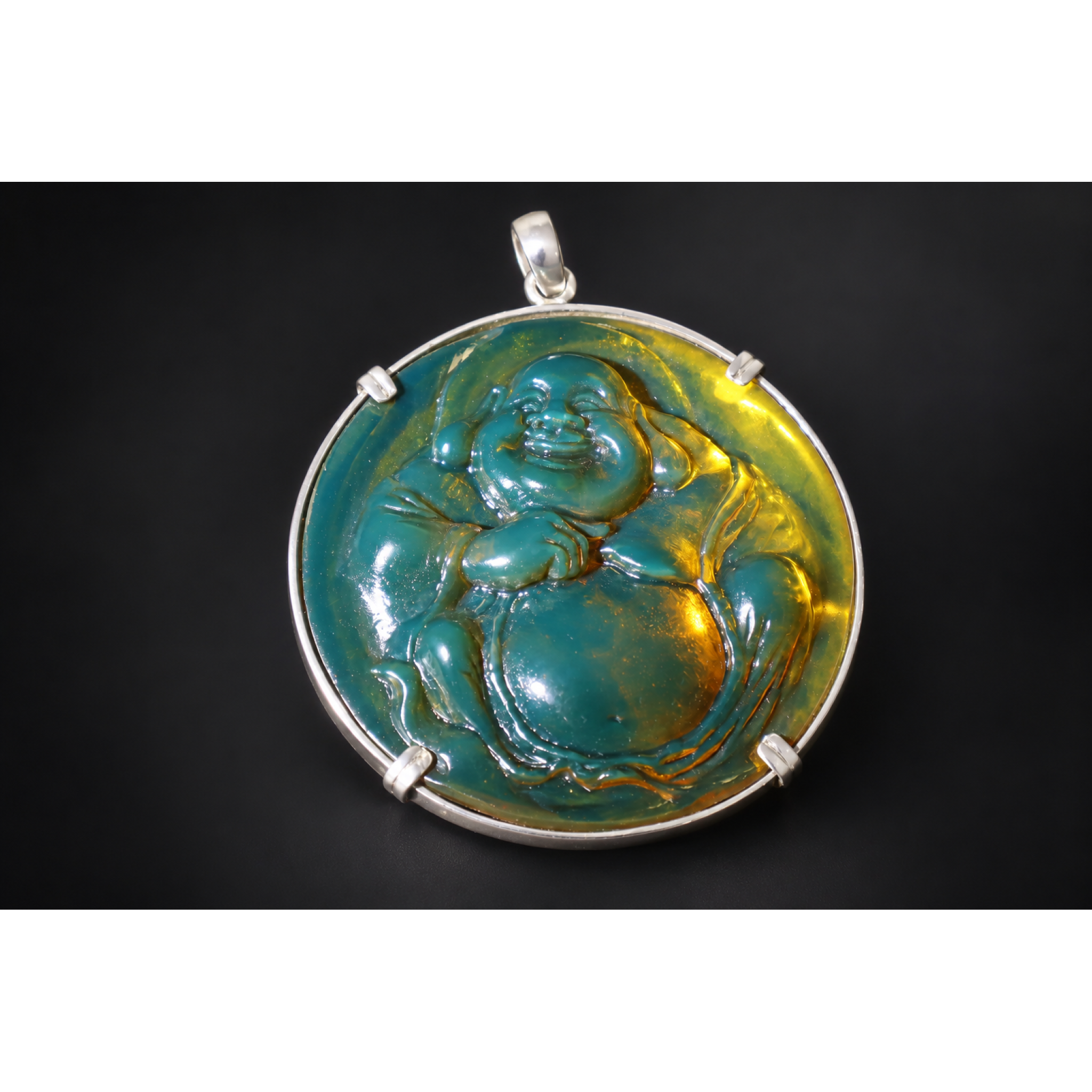 Expertly hand carved cognac green Dominican amber sterling silver pendant 63mm – photo 18