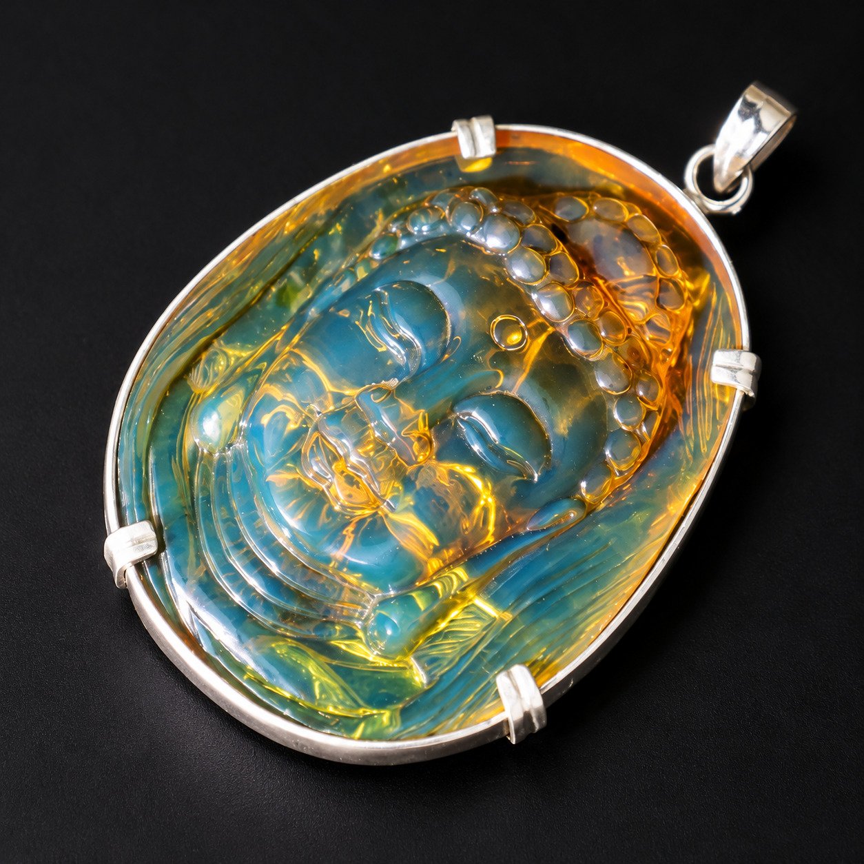 Premium sky blue Dominican amber sterling silver amber 19.6g buddah carving – photo 3