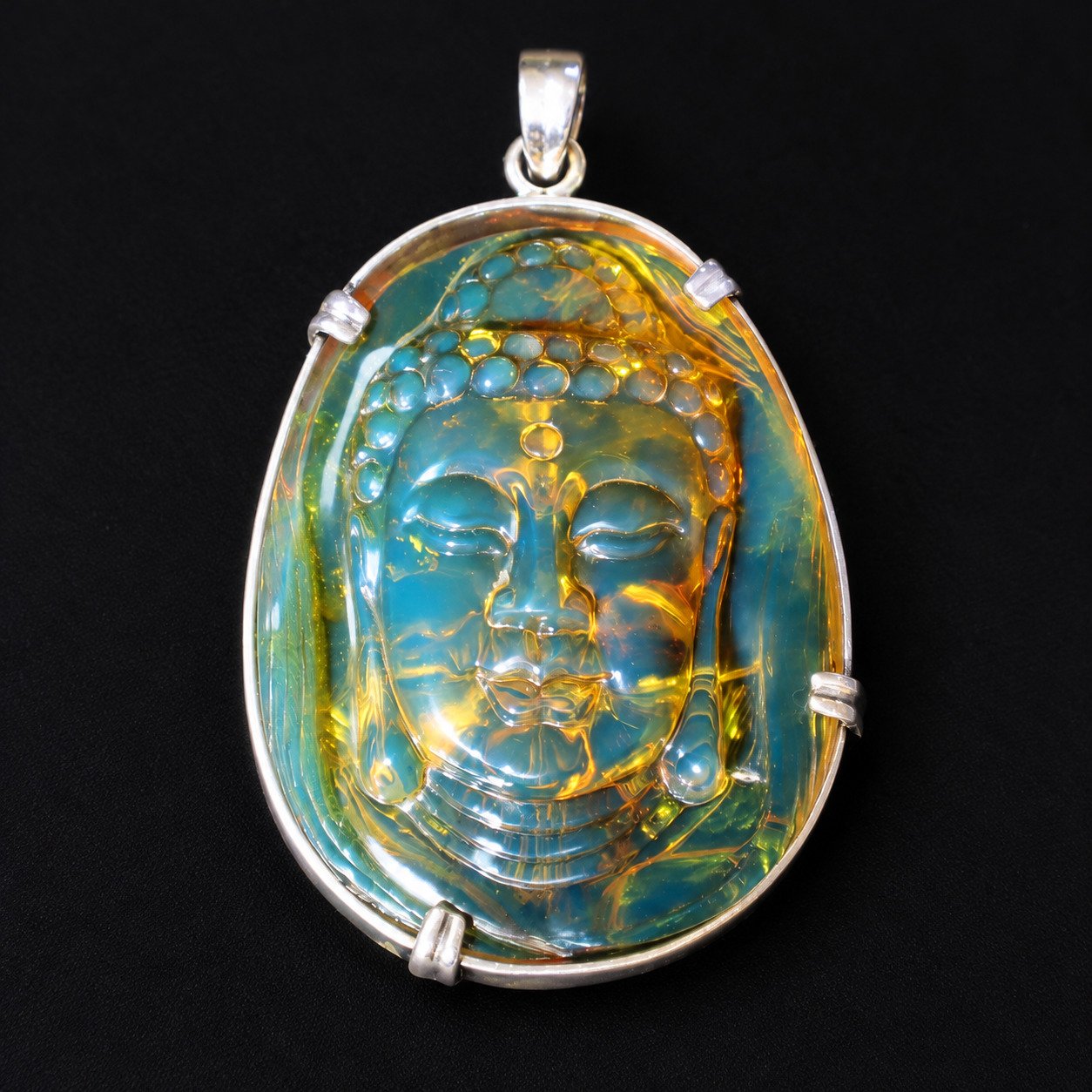 Premium sky blue Dominican amber sterling silver amber 19.6g buddah carving – photo 9