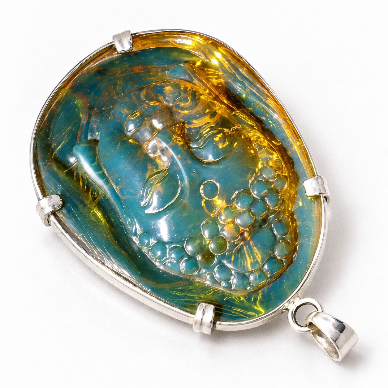 Premium sky blue Dominican amber sterling silver amber 19.6g buddah carving – photo 23