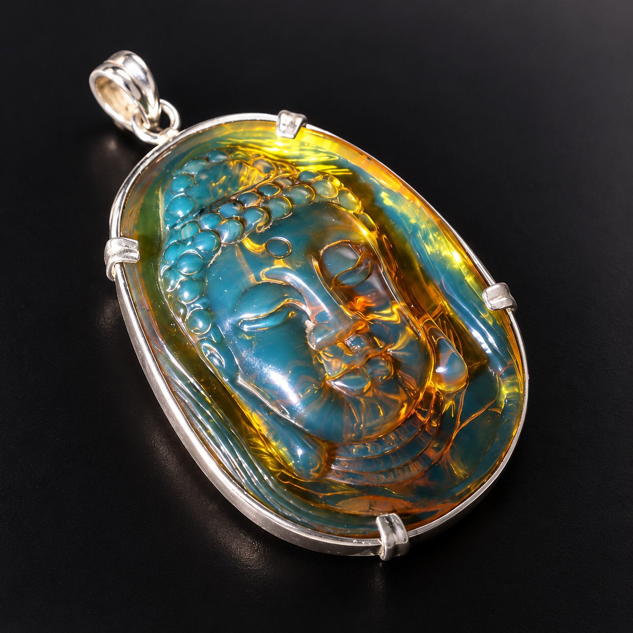 Premium sky blue Dominican amber sterling silver amber 19.6g buddah carving – photo 24