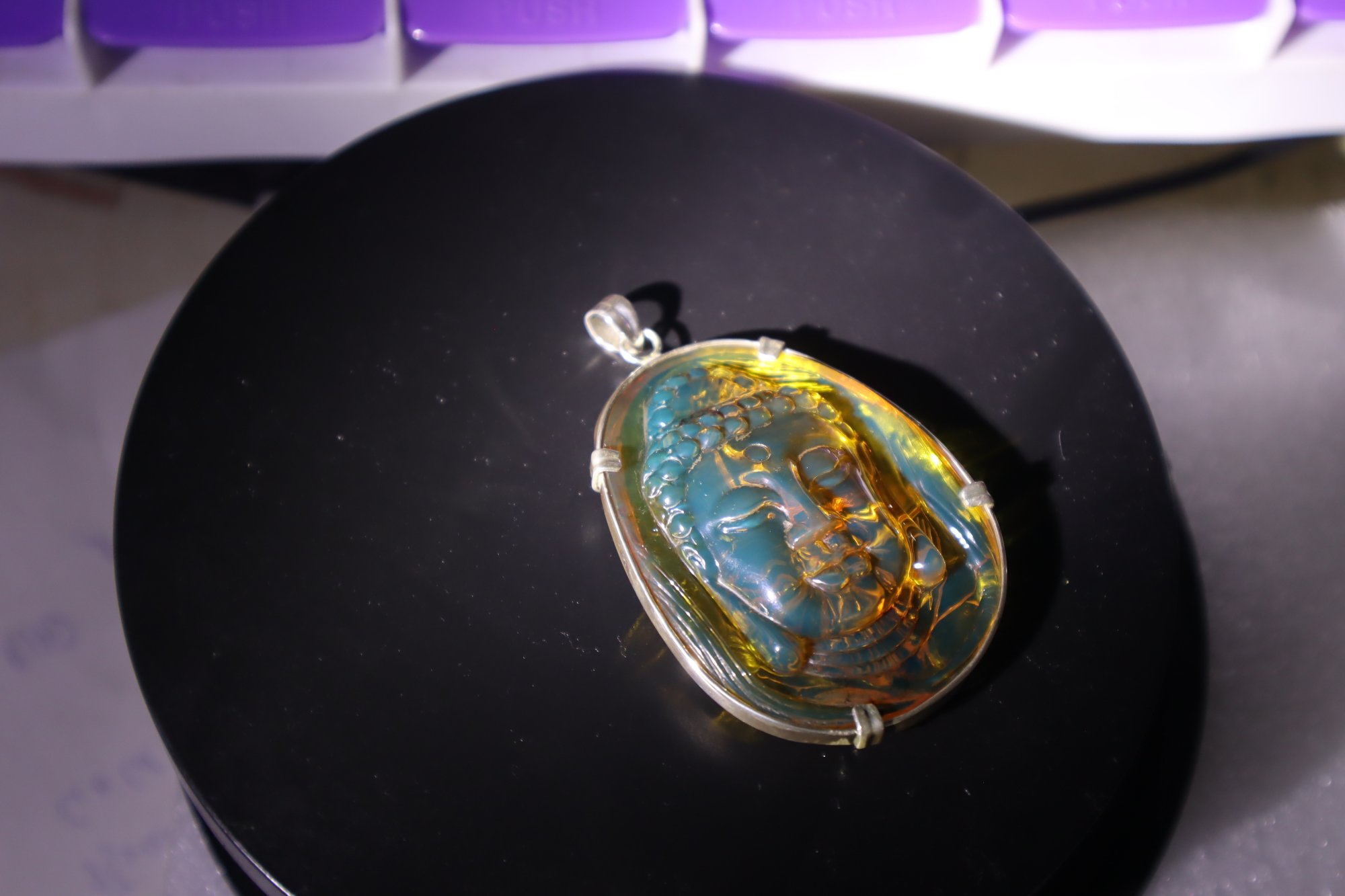Premium sky blue Dominican amber sterling silver amber 19.6g buddah carving – photo 25