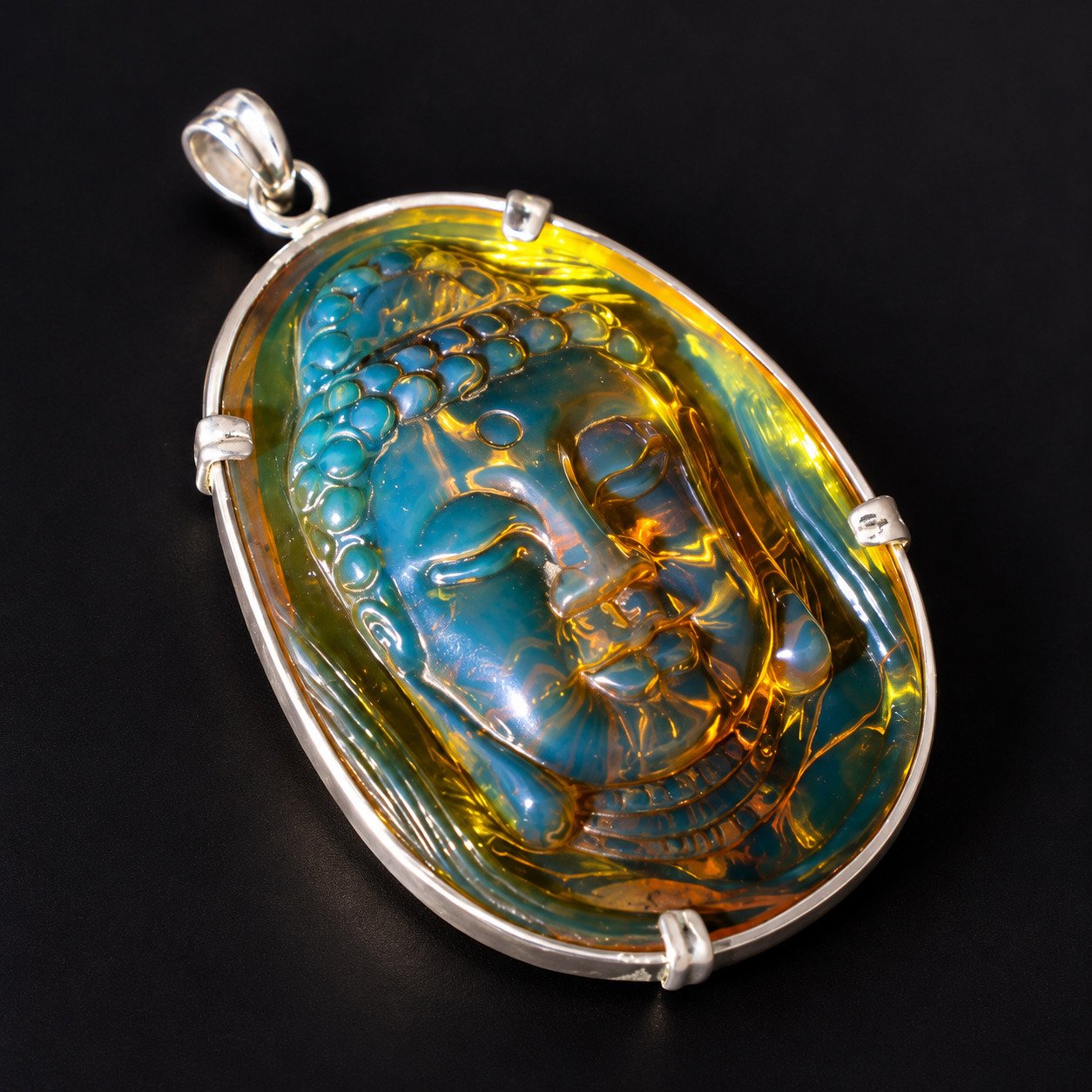 Premium sky blue Dominican amber sterling silver amber 19.6g buddah carving – photo 26
