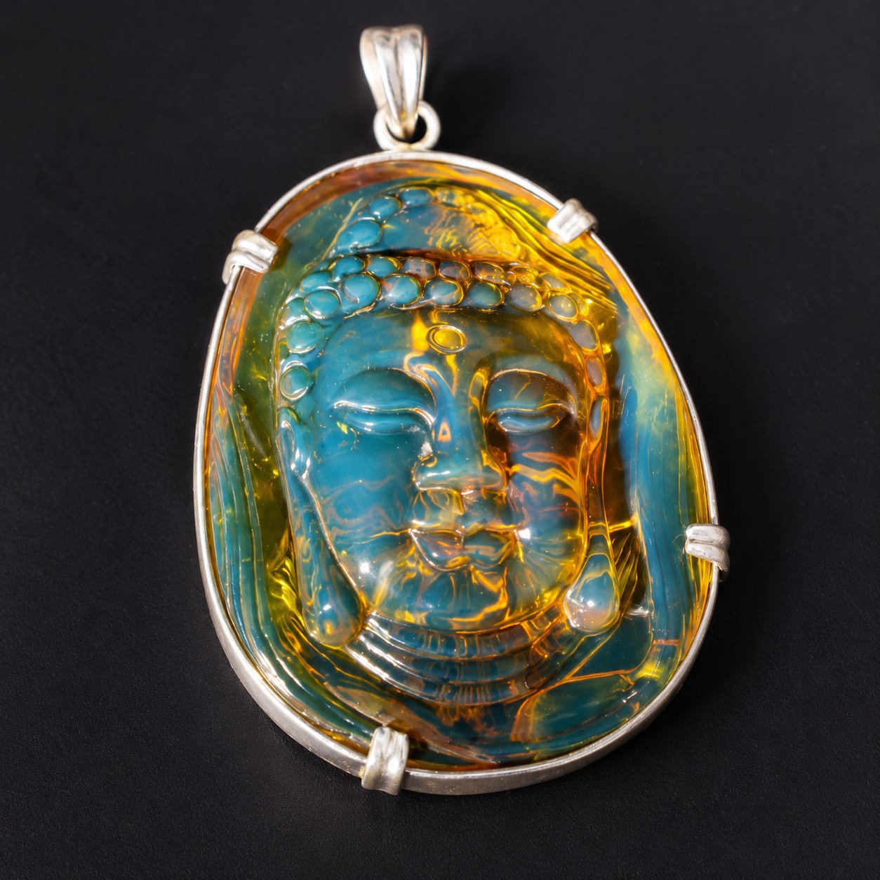 Premium sky blue Dominican amber sterling silver amber 19.6g buddah carving – photo 27