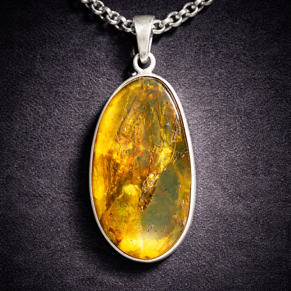 Charming Design Natural Translucent Green Yellow Amber .925 Sterling Silver Pend